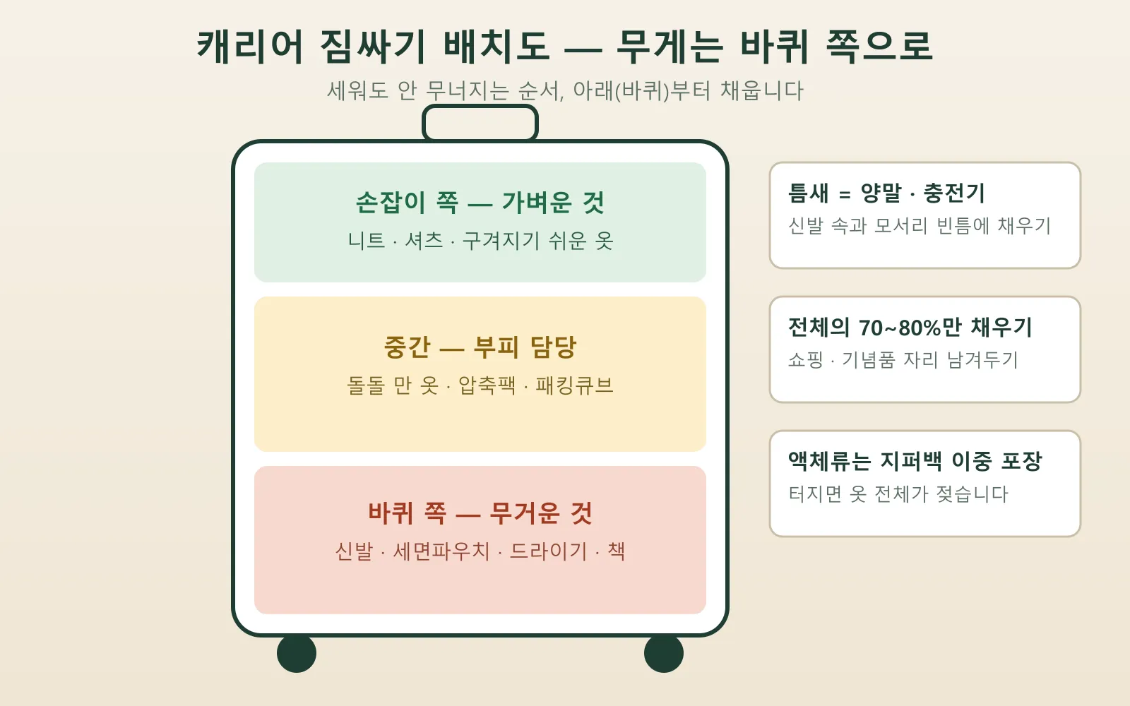 캐리어 짐싸는법 배치도 — 무거운 짐은 바퀴 쪽, 가벼운 옷은 손잡이 쪽