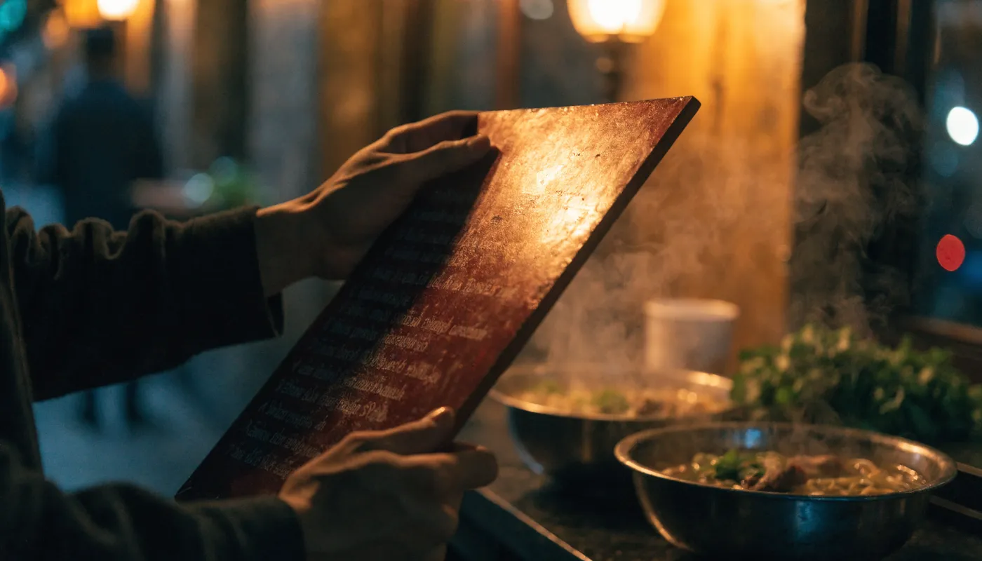 베트남 음식 이름을 해독하며 노점 메뉴판을 보는 여행자