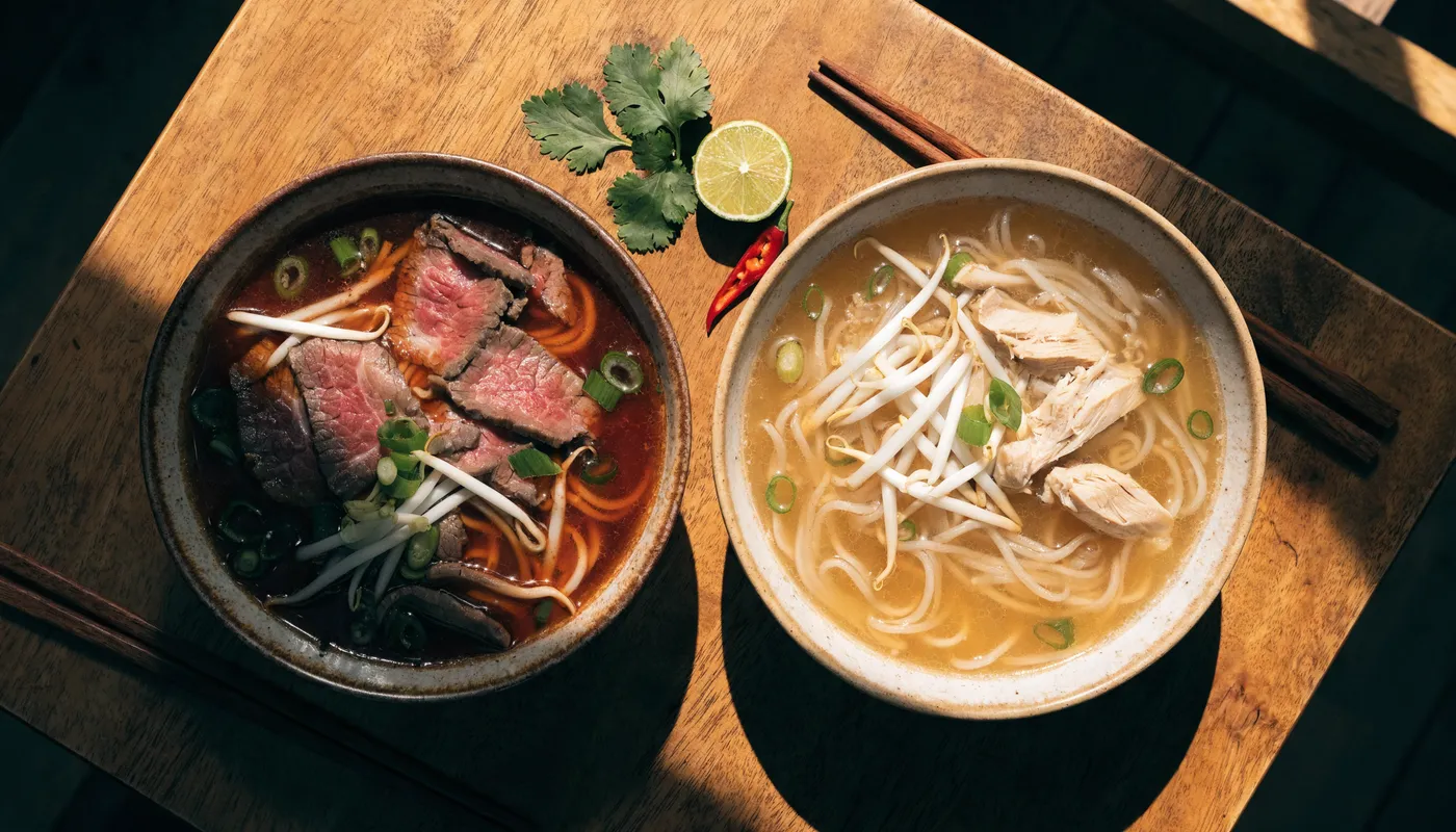베트남 쌀국수 종류 비교 — 진한 퍼보와 맑은 퍼가 두 그릇